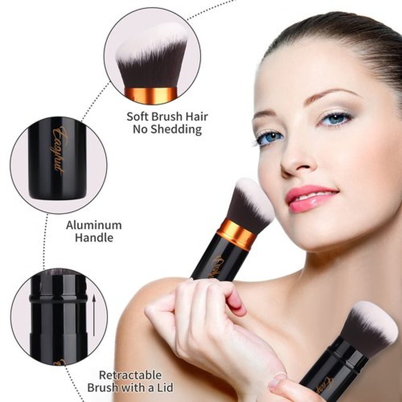 Retractable Kabuki Makeup Brushes 2 Pcs Foundation Blush Brushes Set Portable Powder Brushes with Flat and Angled Top for Liquid Cream Cosmetics Travel. (Orange black)