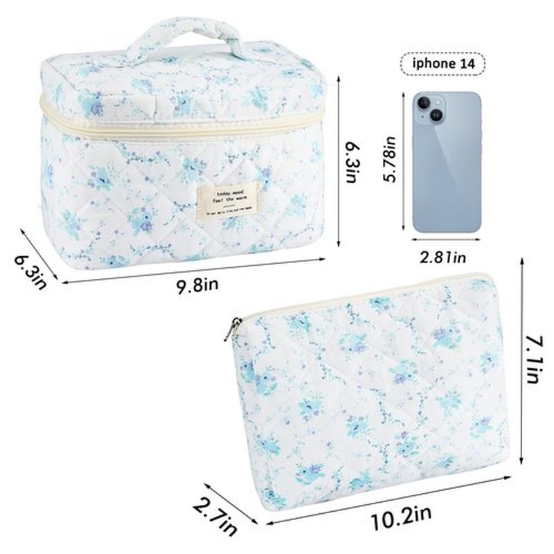 URSKYTOUS 2Pcs Cotton Quilted Makeup Bag for Women Girls Large Small Travel Blue Floral Cosmetic Bags Set Cute Coquette Makeup Pouch for Purse Aesthetic Cloth Flower Storage Toiletry Bag Organizer