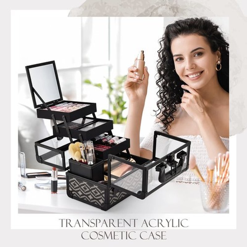 Joligrace Makeup Box 10 Inch Cosmetic Train Case with Clear Acrylic Shell Jewelry Organizer with 3 Tiers Trays, Mirror and Brush Holder Lockable Portable Travel Cosmetic Display Case Black Geometry
