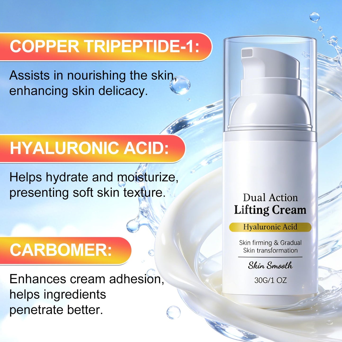 zardlect 2PCS Skin Dual Action Lifting Cream-Instant Firming with Peptides & Hyaluronic Acid, Hydrating Moisturizer, All Skin Types, 1.05oz