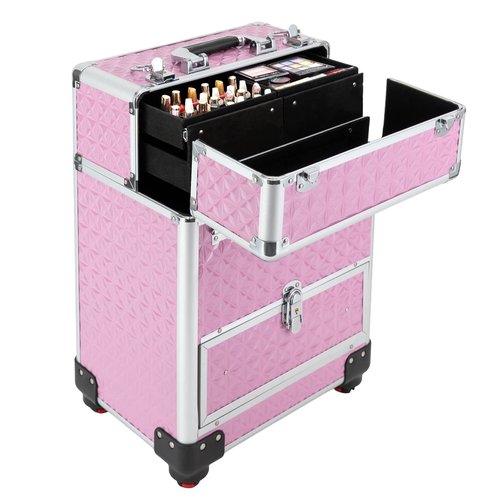 Rolling Makeup Train Case with Drawers&4 Wheel, Professional Aluminum Cosmetic Trolley Cases, Manicure Storage Case Trolley Makeup Case, Portable Beauty/Hair Styling Travelling Cart Trunk (Pink)