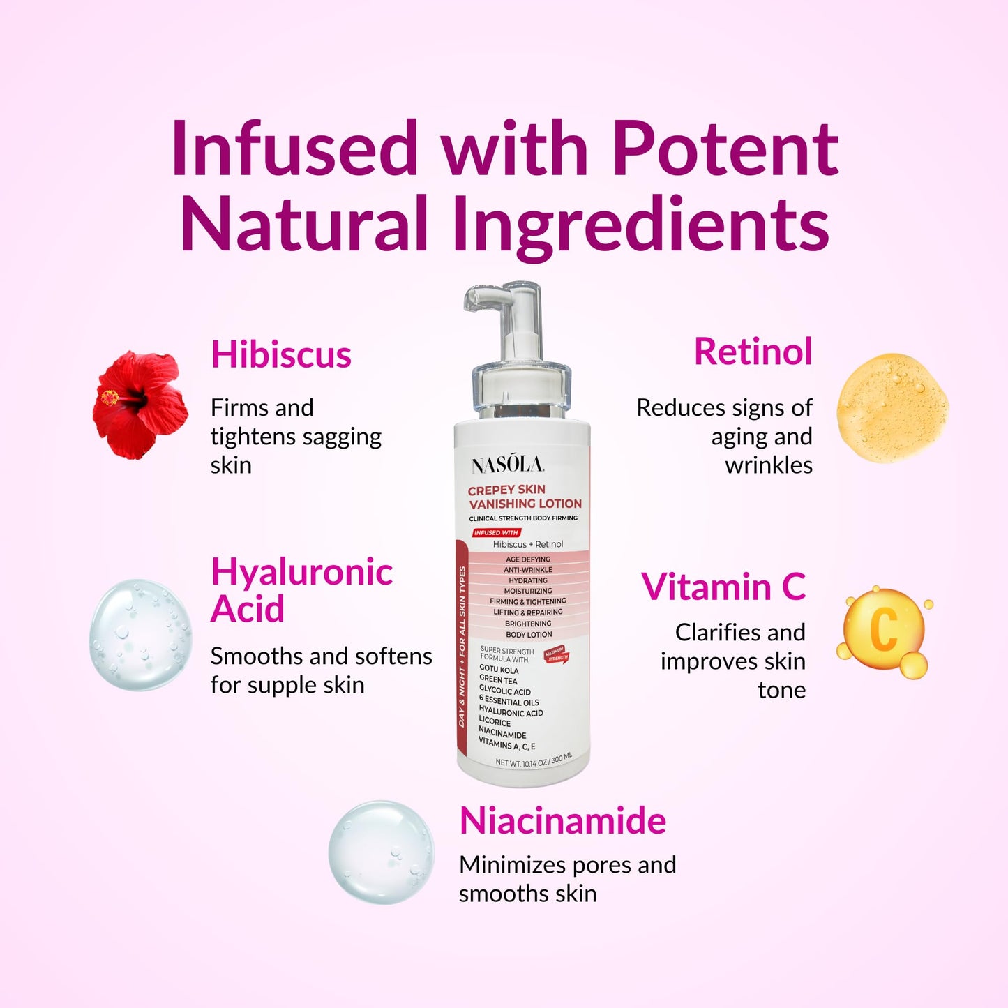 Nasola Crepe Erase Advanced Body Repair Treatment Lotion with Retinol and Hibiscus, Hyaluronic Acid, Vitamin C, E, A, Niacinamide Skin Tightening & Lifting Cream Moisturizer for Dry Aging Skin 10.14Oz