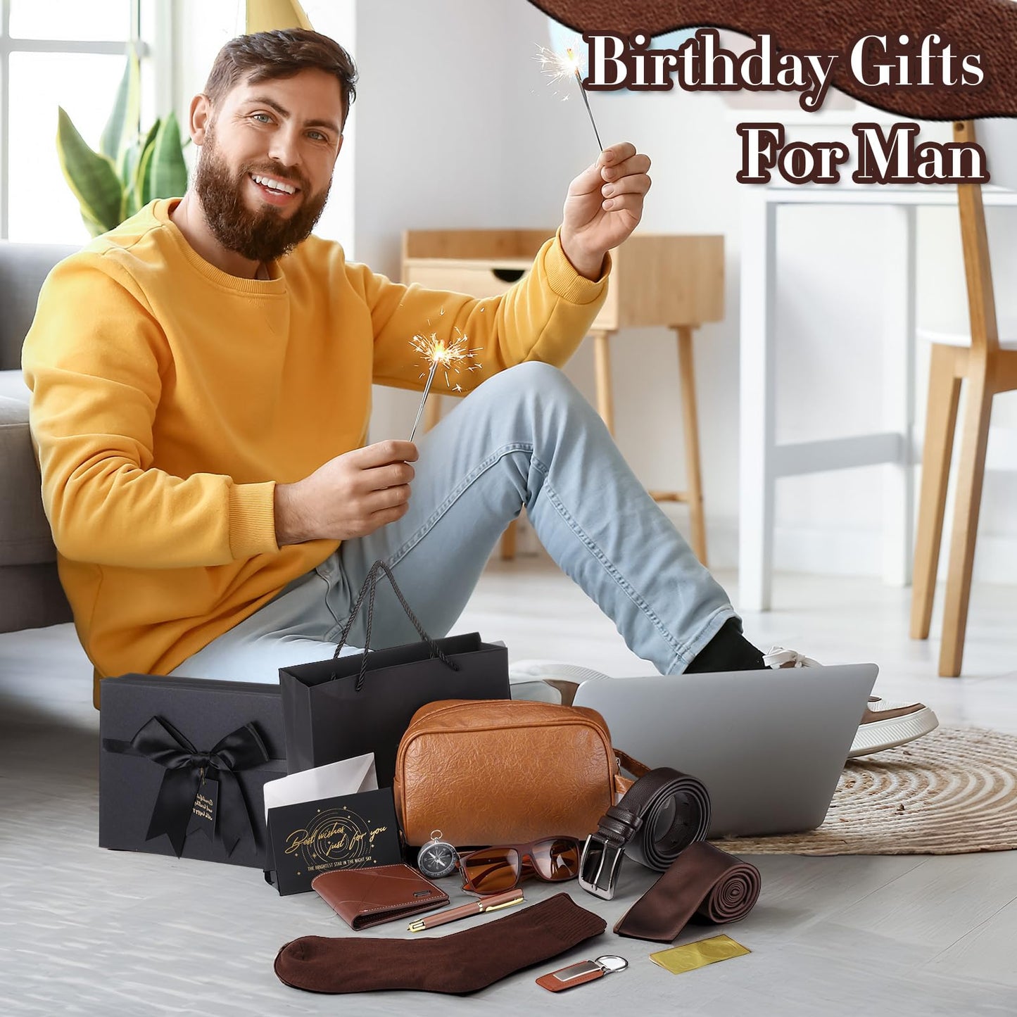 Geyoga 12 Pcs Men Birthdays Gift Set with Box for Men Him Basket Thank You Dad PU Leather Wallet Leather Toiletry Bag Tie Socks Belt Keychain Sunglasses Pen Compass Set(Brown)