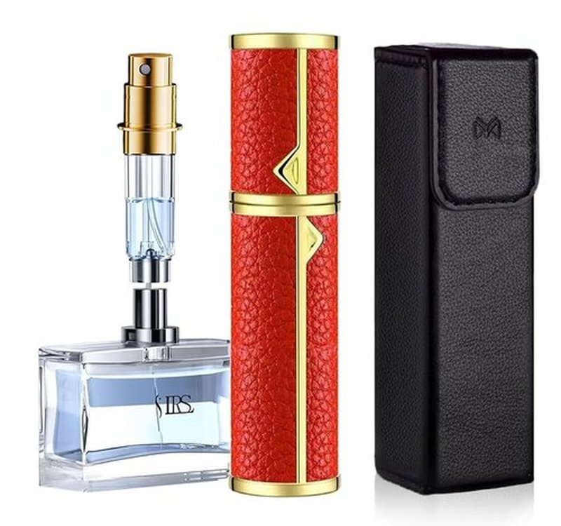 D-LOTUS Travel Perfume Bottle Refillable, Genuine Leather Perfume Atomizer Leakproof Mini Pocket Size Travel Cologne Sprayer for Cruise Car Trip Purse Gift 5ml (Red - L)