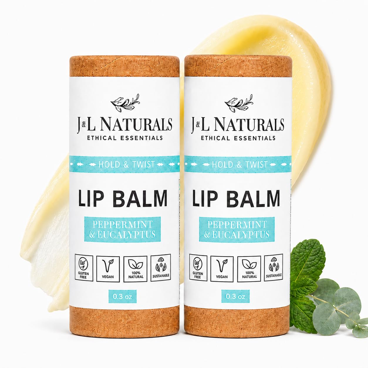 J&L Naturals Sustainable Lip Balm | Organic Ingredients, 100% Natural, Eco-Friendly | Cruelty Free, Vegan, Paraben Free, Silicone Free (Peppermint & Eucalyptus, 2-Piece Duo)