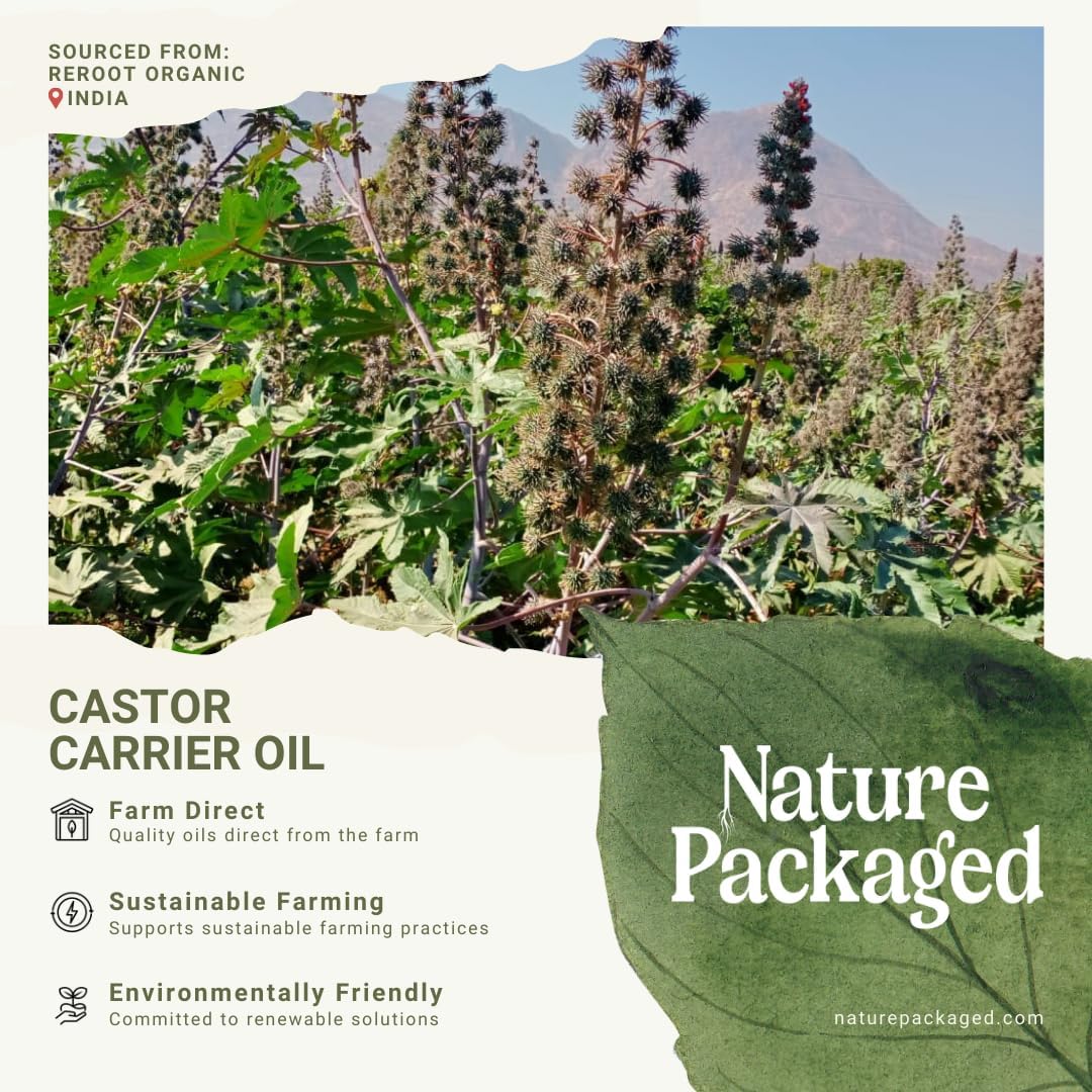 Nature Packaged Organic Castor Oil Direct From India - Cold Pressed Castor Oil For Face, Hair Growth, Eyelash Serum, Eyebrow - Skin and Face Moisturizer and Detox - Hexane Free 32oz