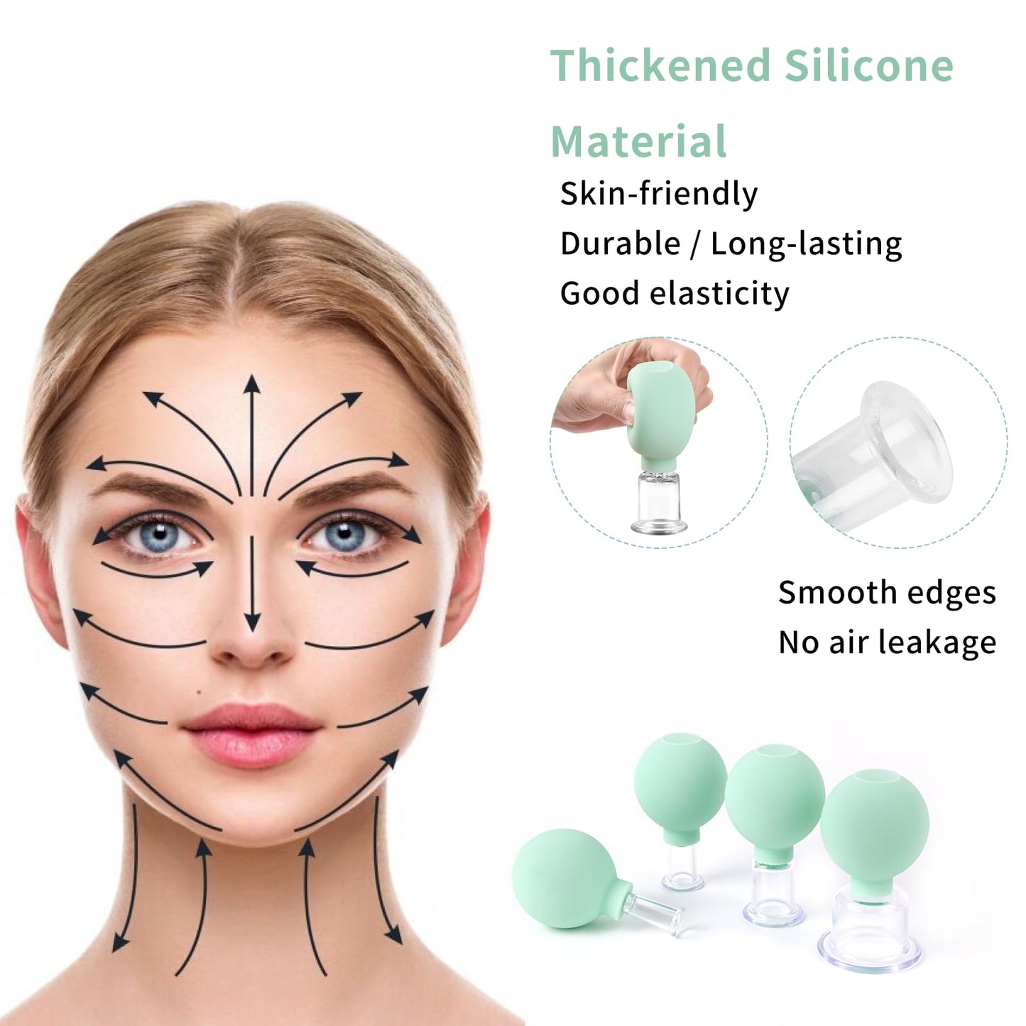 Meifuly Facial Cupping Set, 4 PCS Silicone Vacuum Suction Face Massage Cups, Skin Tightening Kit for Eyes, Face and Body (Green)