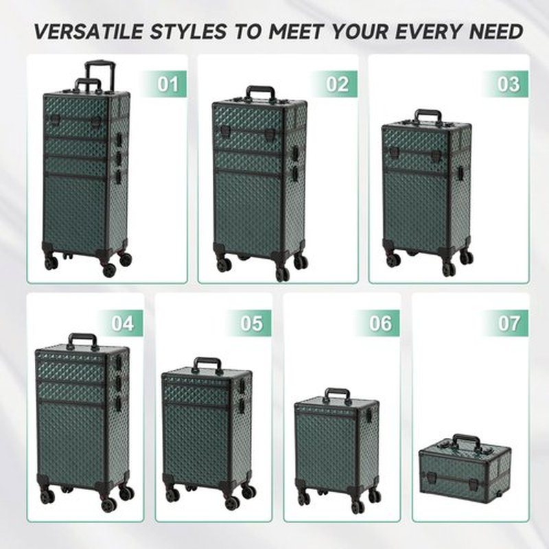 Leeora&Leekoo Portable Multi-Storey Nail Case for Nail Tech Organizer - Wheels Makeup Case Organizer, Cosmetic Case, Makeup Train Case, Make Up Case (Dark Green)