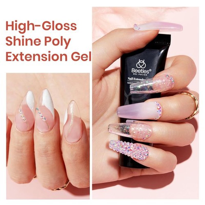 Beetles Poly Nail Extension Gel with Uv Light Starter Kit- 6 Jelly Colors 15 ML Clear Pink Neutral Jelly Gel Nails Quick Building Hybrid Gel Base Top Coat Slip Solution French Manicure Set for DIY