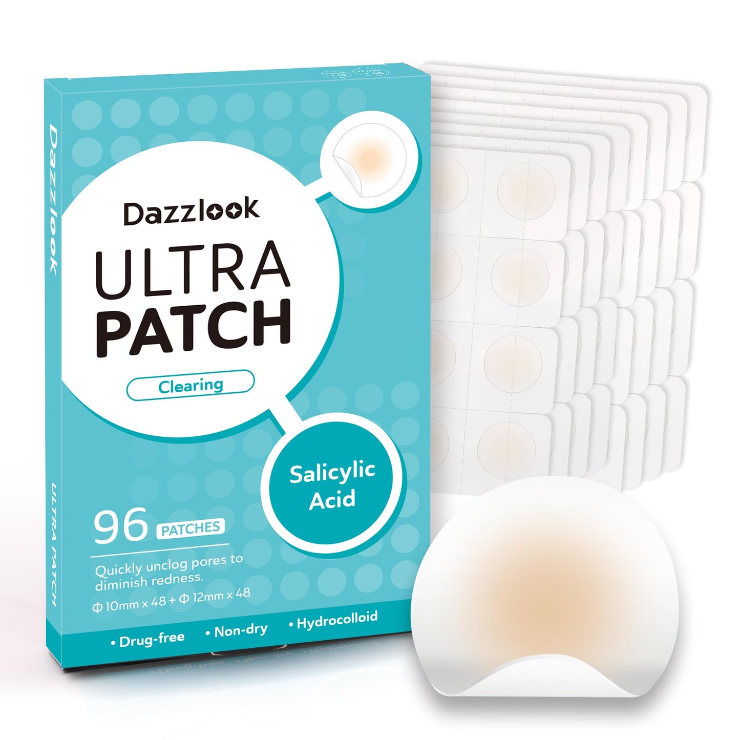 Dazzlook Ultra Pimple Patches, Zits and Blemishes Patch with Salicylic Acid (96 Counts), Invisible Hydrocolloid Pimple Stickers Large Bulk for Face and Skin