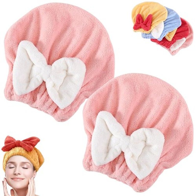 TKNIBEEN New Super Absorbent Hair Towel Wrap for Wet Hair,Ultra Absorbent Hair Quick Drying Towel for Women,Efficient Hair Towel,Soft Absorbent Quick Drying Cap with Bow-Knot (2pcs-Pink)