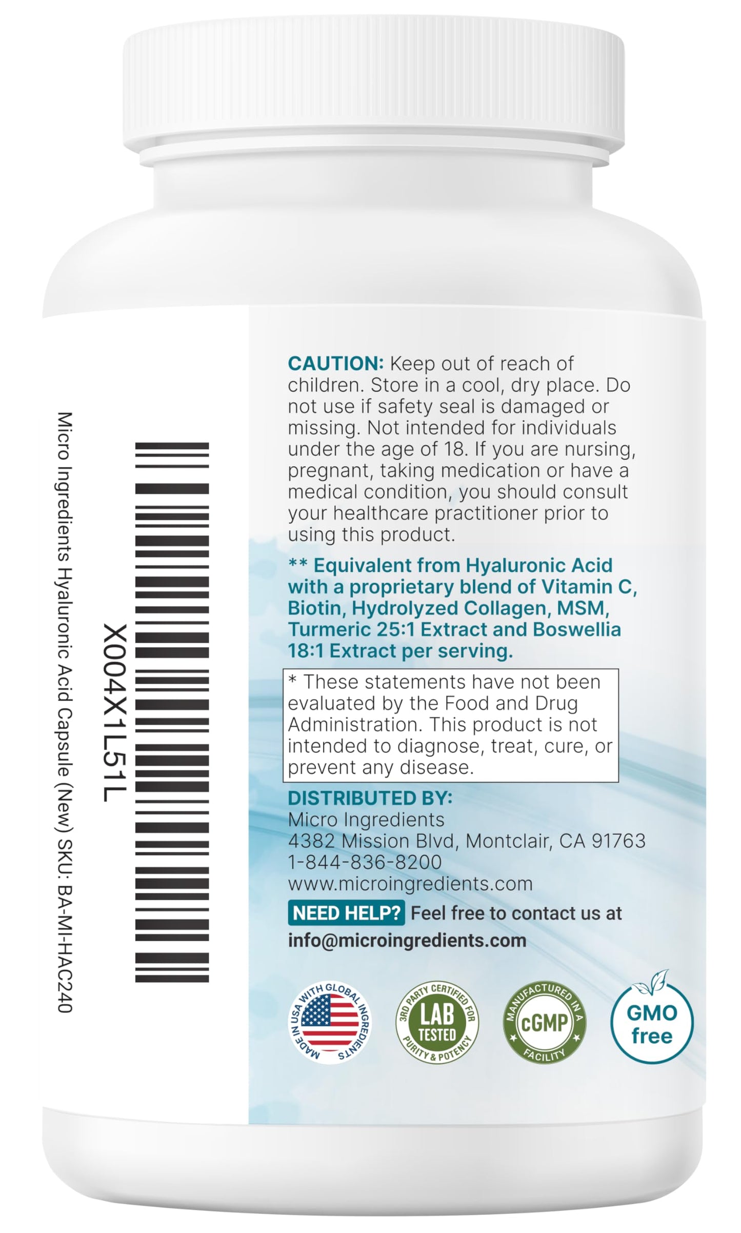 Micro Ingredients Hyaluronic Acid Complex, 240 Vegetarian Capsules | with Collagen, MSM, Vitamin C, Biotin, Turmeric & Boswellia | Non-GMO, Filler-Free, cGMP Manufactured & Lab Tested