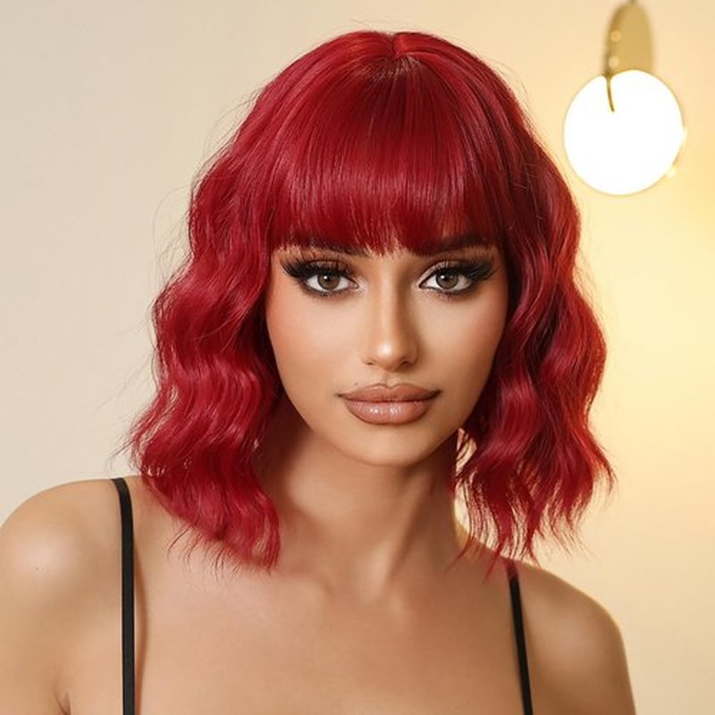Allbell Red Wigs for Women Short Wavy Bob Wig with Bangs Heat Resistant Synthetic Hair Daily Cosplay Party Use