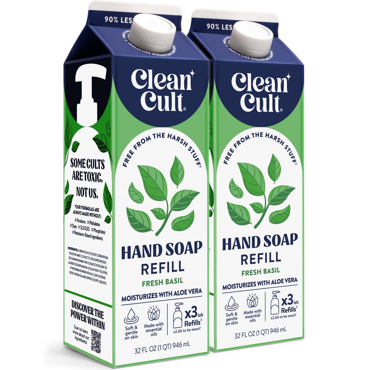 Cleancult Liquid Hand Soap Refill - Fresh Basil - Moisturizes Dry & Sensitive Skin - Made with Aloe Vera & Essential Oils - Eco Friendly - Paper-Based Packaging - 32 oz/2 Pack