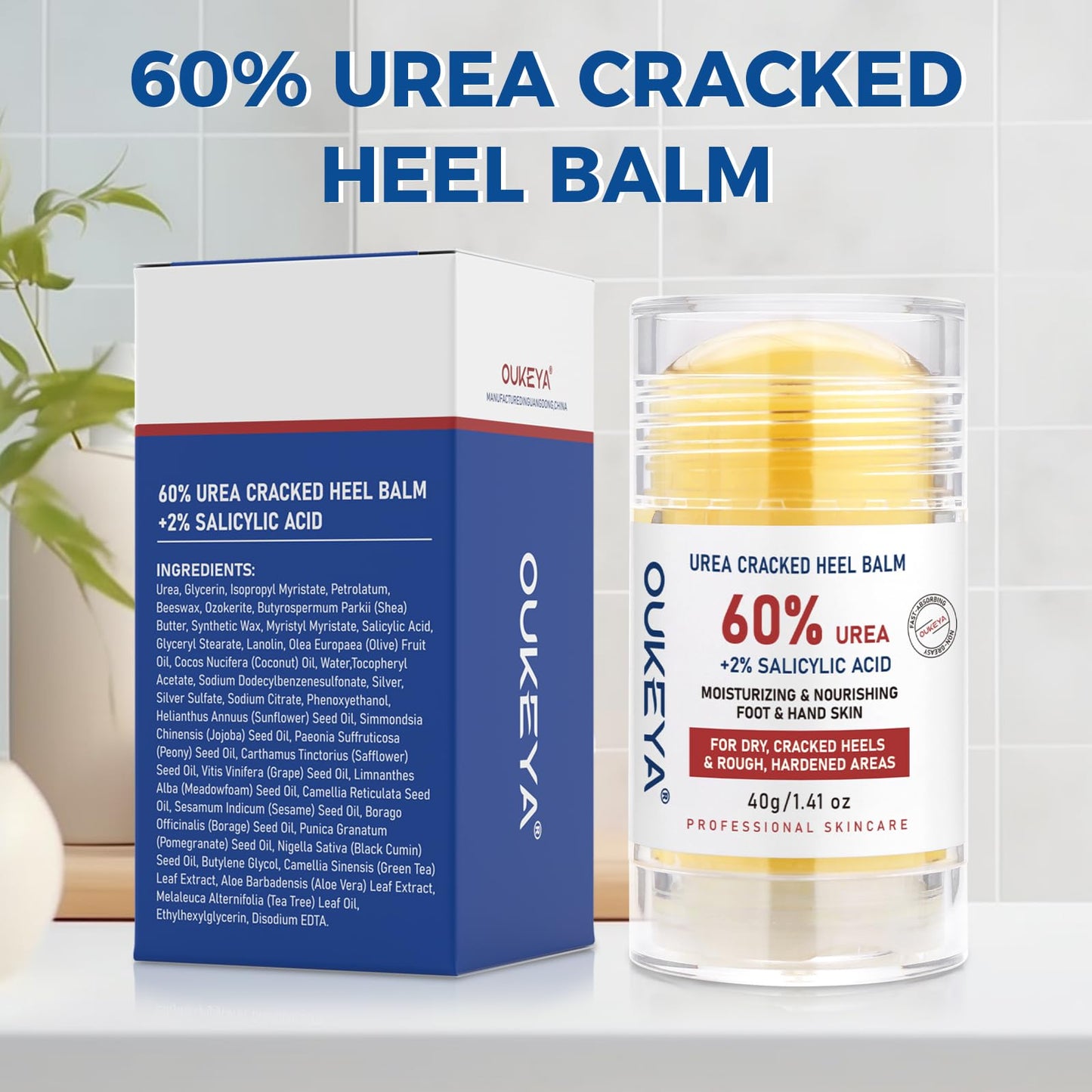 OUKEYA 60% Urea Stick with 2% Salicylic Acid, Maximum Strength Urea Cream 60 Percent for Feet, Exfoliating Moisturizer for Dry Cracked Heels, Hands, Knees - 1.41oz