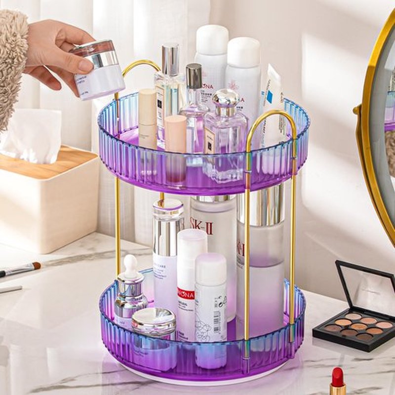 shuang qing Rotating Makeup Organizer for Vanity 2 Tier, High-Capacity Skincare Clear Make Up Storage Perfume Organizers Cosmetic Dresser Organizer Countertop 360 Spinning（Purple）