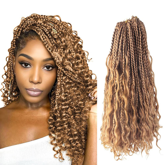 Niseyo Goddess Box Braids Crochet Hair 16 Inch 8 Packs Short Crochet Box Braids Pre Looped Curly Ends Boho Style Synthetic Hair (27#/Honey Blonde)