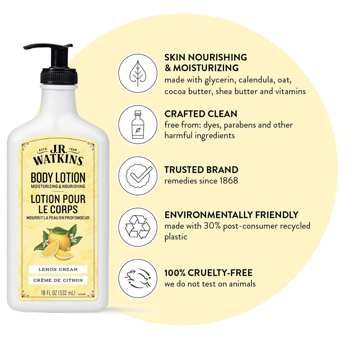 J.R. Watkins Daily Moisturizing Body Lotion, Lemon Cream, 18 fl oz, 2 Pack