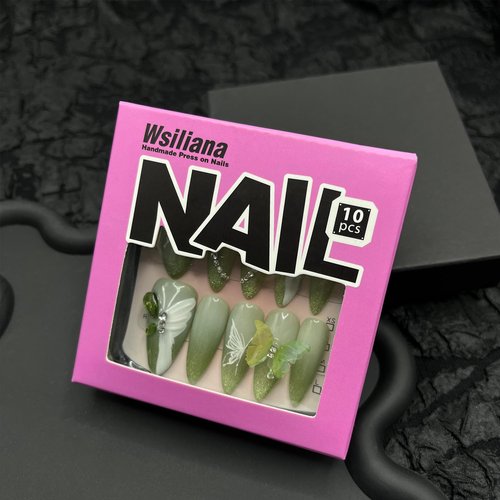 Wsliana Handmade Press On Nails - Long Almond Shape with Green Cat Eye Tip, 3D Butterfly and Diamond Heart Design, 10pcs Glue On Acrylic Fake Nails with Storage Box | Elegant Nail Kit (052 L)