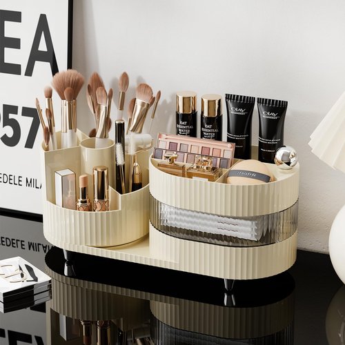 Rotating Makeup Organizer for Vanity with Brush Holder and Drawer, 3 Layer Cosmetic Makeup Storage, Large Makeup Skincare Organizer, Countertop Makeup Perfume Organizer, Lotions Display Case (Ivory)