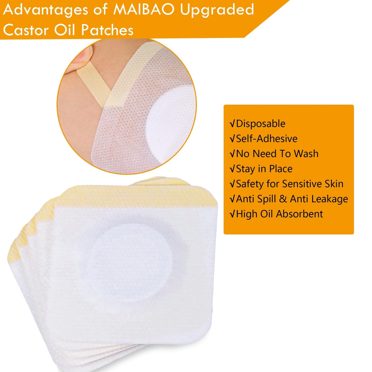 Castor Oil Patches for Belly Button, 54 Pack 3.2Inches Castor Oil Pack Wrap Organic Cotton, Self-Adhesive, No Wash, Anti Leakage and Portable Oil Wrap Pad Kits