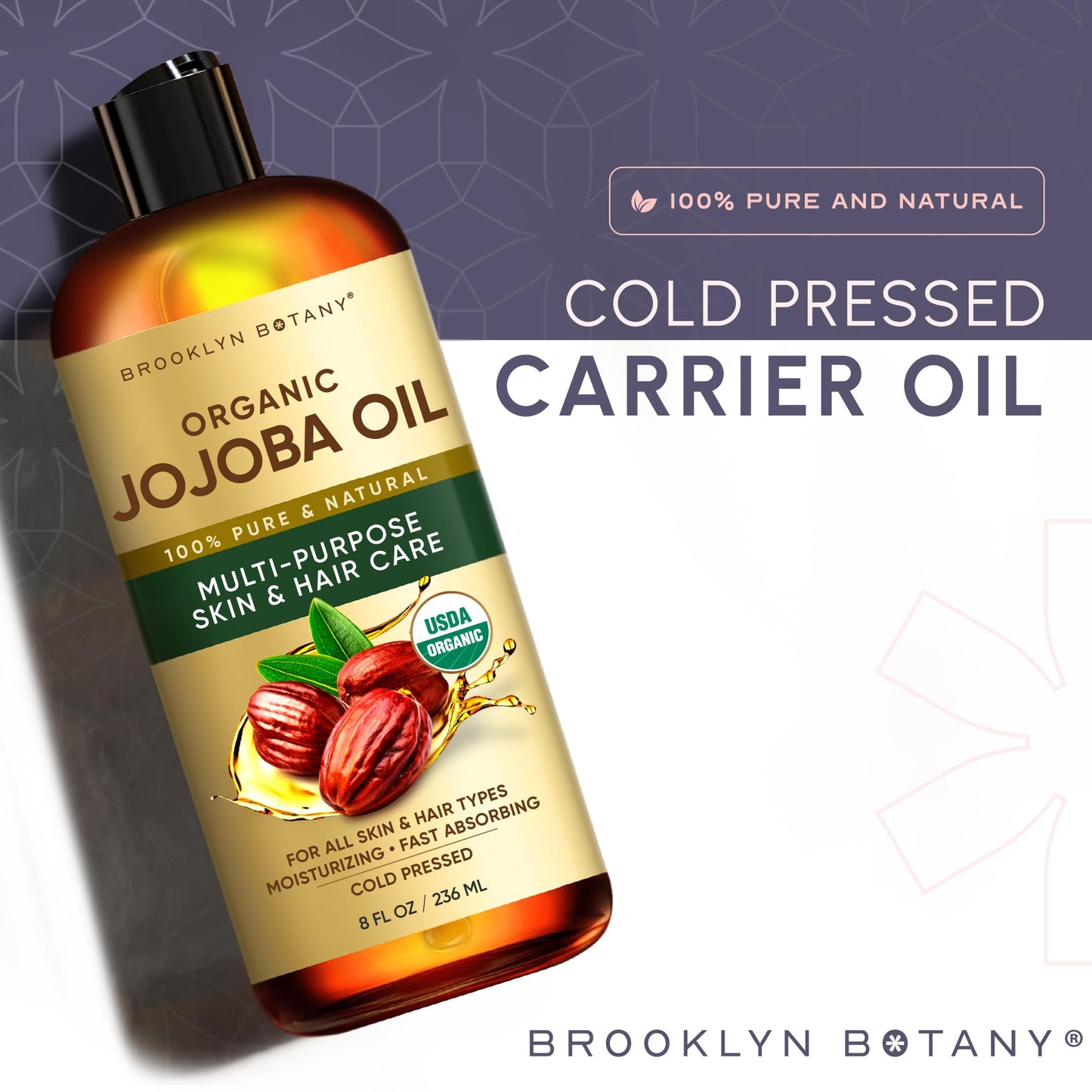 Brooklyn Botany Cold-Pressed Organic Jojoba Oil | 28 Fl Oz | Hair | Face | Body | 100% Pure and Natural | Carrier Oil | Aromatherapy | Massage | Ayurvedic Hair Care | Hexane-Free