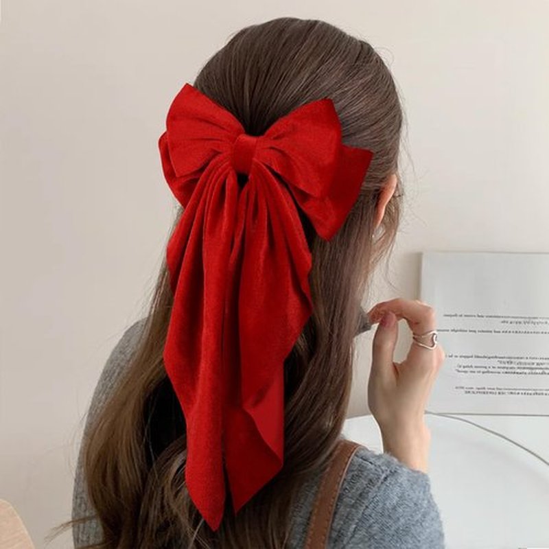 Red Big Long-Tail Velvet Hair Bows French Barrettes Clip for Women Girls Thick Hair,Oversized Aesthetic Xmas Valentines New Year Holiday Party Dress Outfit Decoration Accessories Gift