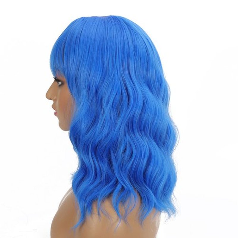 QACCF Short Wavy Shoulder Length Women Full Bang Heat Resistant Wig (Dark Blue)