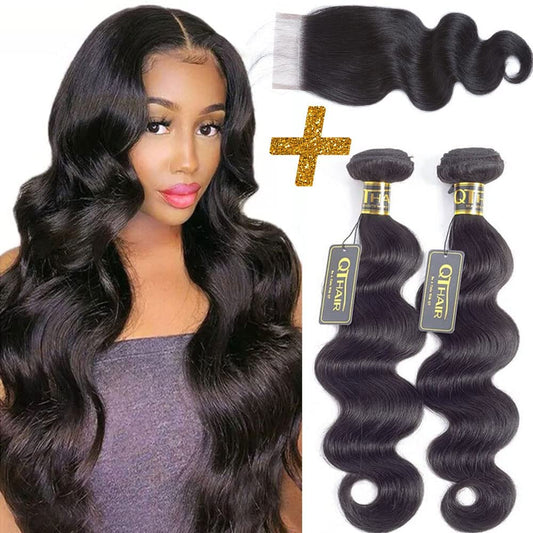 QTHAIR 14A Body Wave Bundles with Closure Human Hair (10 10+10) Brazilian Human Hair Bundles with 4x4 HD Lace Closure Free Part 100% Unprocessed Virgin Hair Body Wave Bundles Natural Color