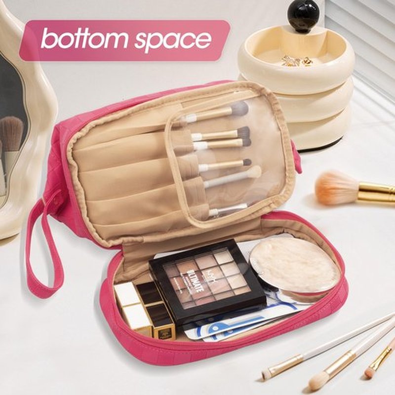 Abiudeng Large Makeup Bag,Waterproof Cosmetic Bag,Make up Travel Bag Essentials,Cute Travel Toiletry Bag for Women Makeup Bag Organizer with Bottom Pouch,Travel Size Toiletries Bag for Women-rose