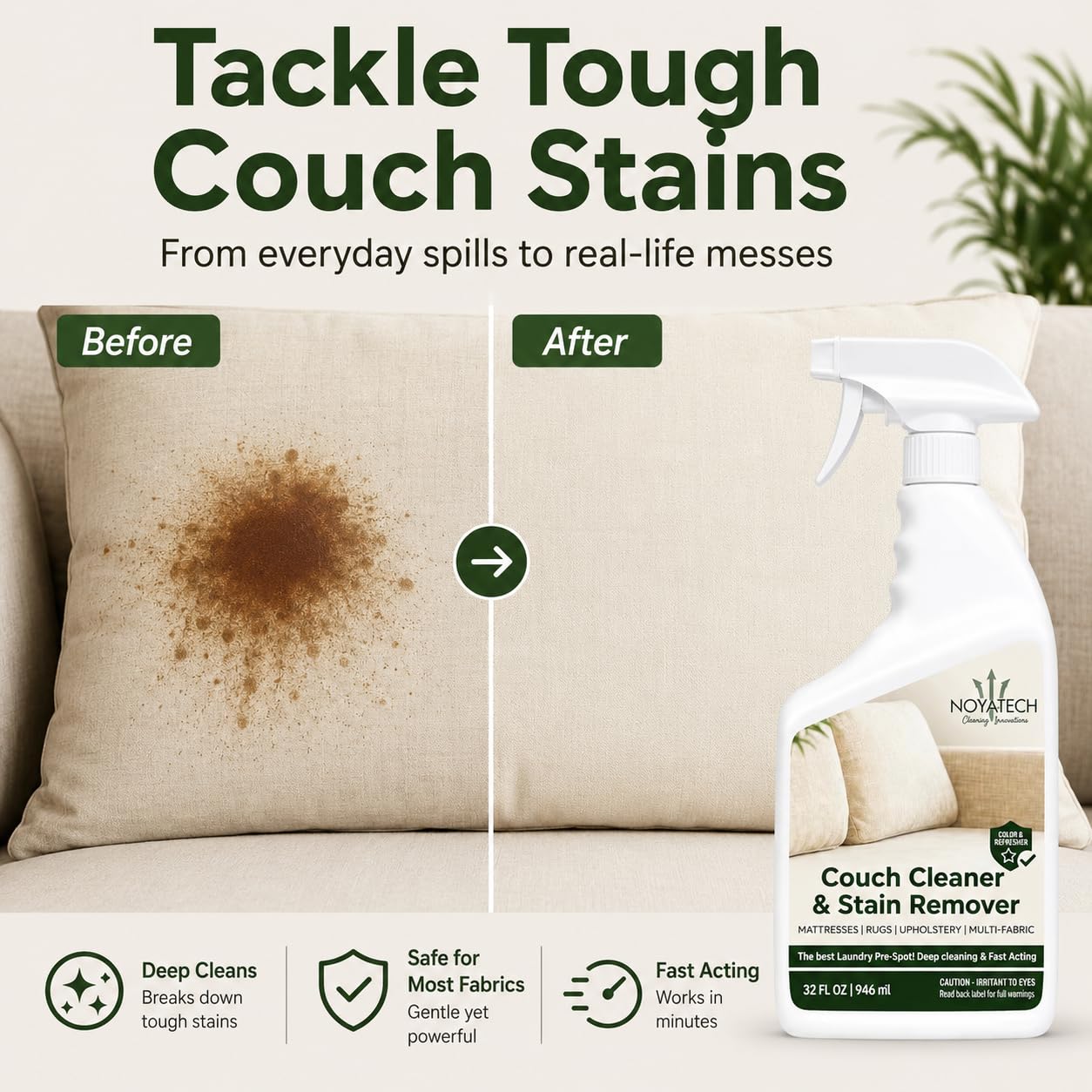 NOYATECH Couch Cleaner and Stain Remover Spray – Professional Strength, Multi-Surface Fabric and Upholstery Cleaner – Pet-Safe, Non-Toxic, Quick-Drying for Couches, Sofas & Car Interiors.
