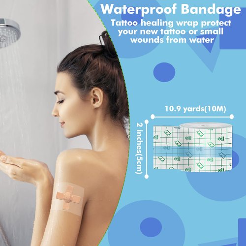 Tattoo Aftercare Waterproof Bandage (2 in x10.9 yd Roll) Second Skin Wound Healing Protective Skin Adhesive Bandages Transparent Dressing Bandages Tattoo Supplies