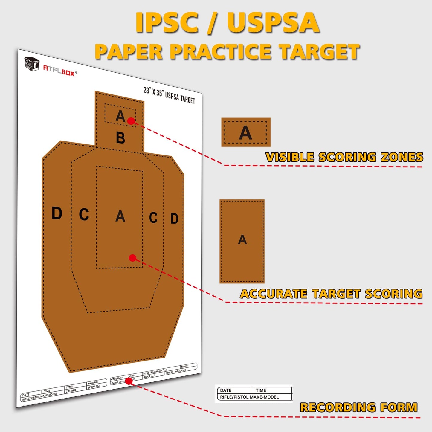 ATFLBOX 23" x 35" IPSC/USPSA Practice Paper Shooting Targets, Competition Torso Target, Paper Silhouette Shooting Target, Suitable for Pistol, Rifle, Handgun, shotgun shooting range training (50 PACK)