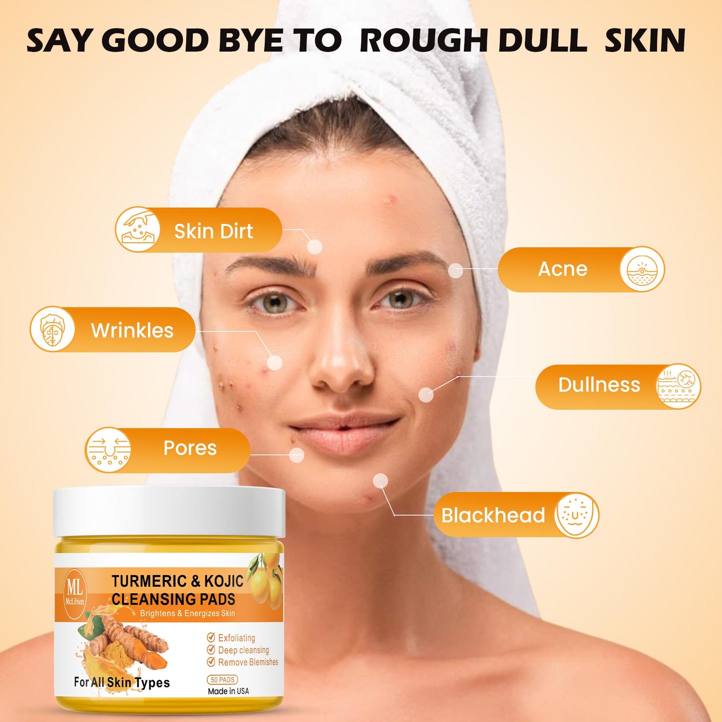 Turmeric Kojic Clarifying Pads – Exfoliating & Brightening pads with Vitamin B3, Vitamin C, & E for Dark Spots, Acne & Daily Skin Care for Face - All Skin Types (50 Pads)