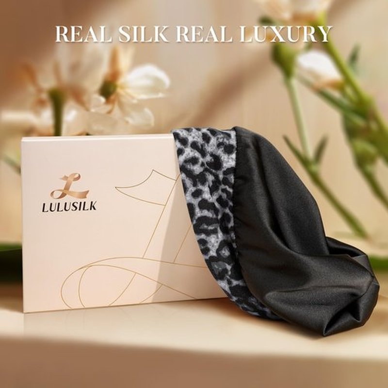 LULUSILK 100% Mulberry Silk Lined Sleep Cap Silk Bonnet for Sleeping, No More Frizzy Tangled Hair, Stay On All Night Adjustable Silk Hair Wrap for Sleeping, Black Leopard, Pack of 1