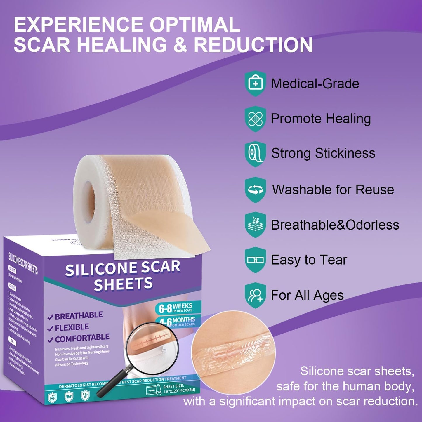 Silicone Scar Sheets, Medical Grade Silicone Scar Tape (1.6" x 120"), Professional Scar Removal Treatment, Reusable, for Healing Keloids, Surgeries Scars, C-sections, and Burns