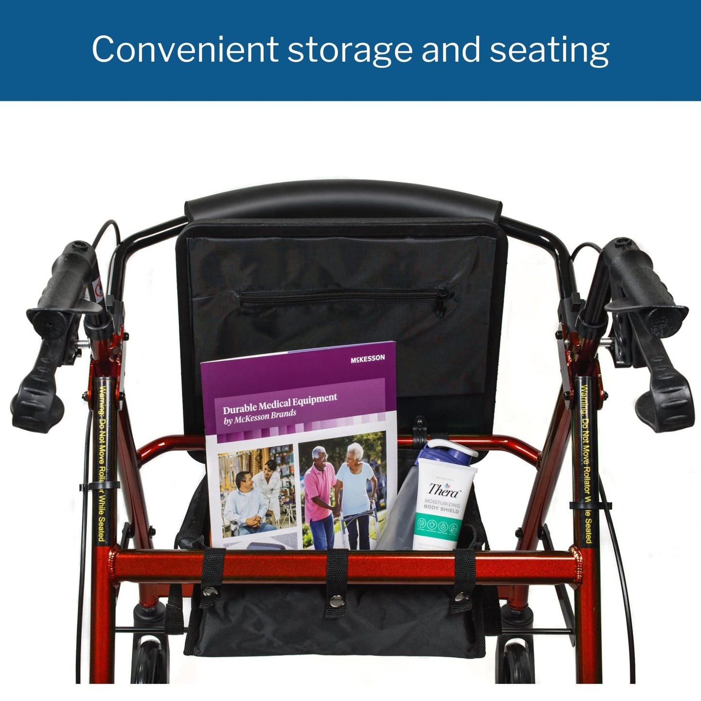 McKesson Rollator Walker with Seat and Wheels, Lightweight, Aluminum, 300 lbs Weight Capacity, Red, 1 Count