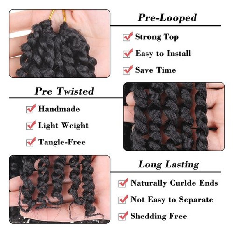 Leeven Pre Twisted Passion Twist Hair 8 Packs 8 Inch Natural Black Pre Looped Crochet Braids Hair Short Bomb Bohemian Braids Synthetic Braiding Hair Extensions for Women #1B