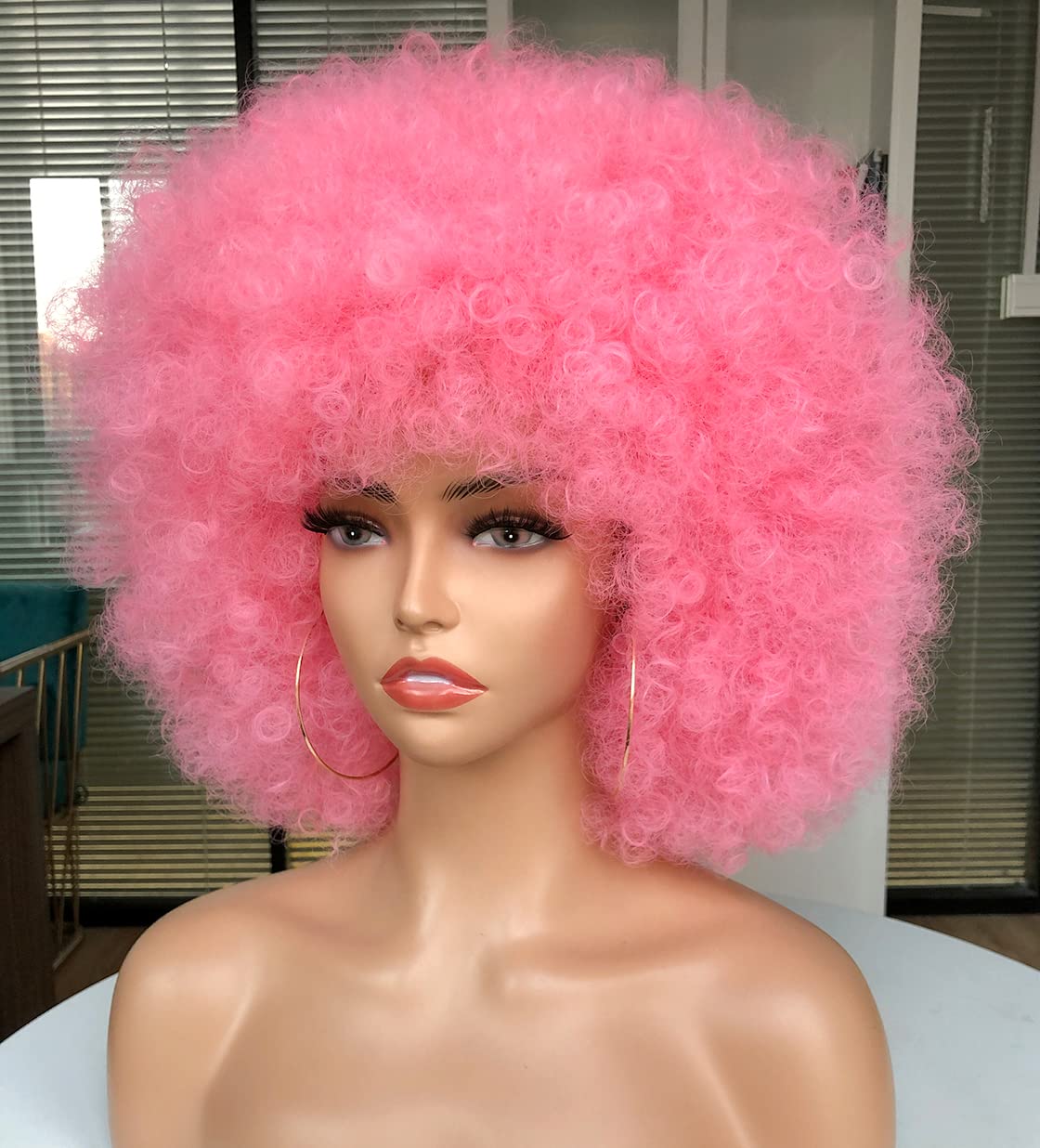 CURLCRAZY 70s Afro Wig with Bangs Short Afro Kinky Curly Wig for Black Women Large Bouncy and Soft Natural Looking Halloween Party Christmas Cosplay Wigs (Pink)