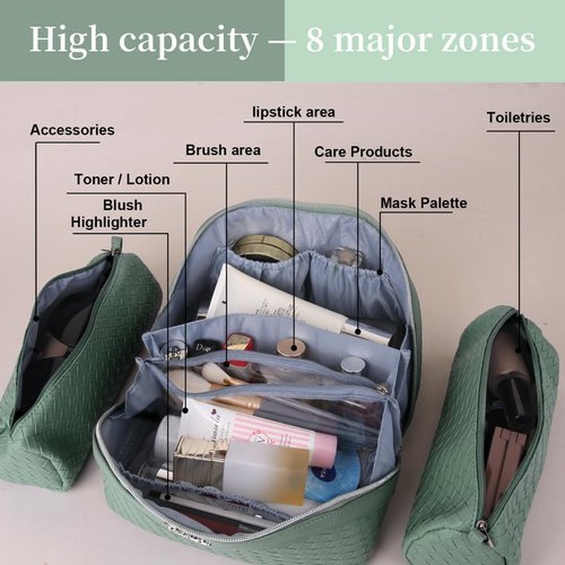 BOYATU Makeup Bag Travel Cosmetic Case: Large Capacity Woven Cosmetic Bag Organizer - Portable Toiletry Bags with Handle for Women 1-Z-Grass Green