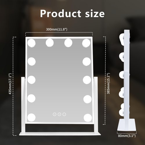 Vanity Mirror with Lights,Lighted Vanity Mirror with 12 Dimmable Bulbs for Dressing Room & Bedroom,3 Color Lighting,Modes Detachable 10x Magnification 360°Ratation