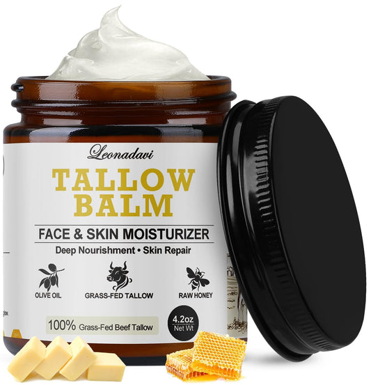 Leonadavi Whipped Beef Tallow for Skin – 4.2 oz Natural Moisturizer with Grass Fed Tallow, Honey & Olive Oil – Handmade Balm for Face & Body, Dry Sensitive Skin, Eczema, Rosacea – Natural Honey Aroma