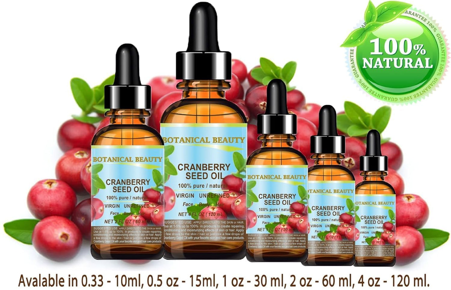 Botanical Beauty CRANBERRY SEED OIL 100% Pure Natural Unrefined Virgin Cold Pressed Carrier Oil 0.5 Fl Oz - 15 ml. for Face, Skin, Body, Hair, Lips, Nails, Anti - Aging Face Oil