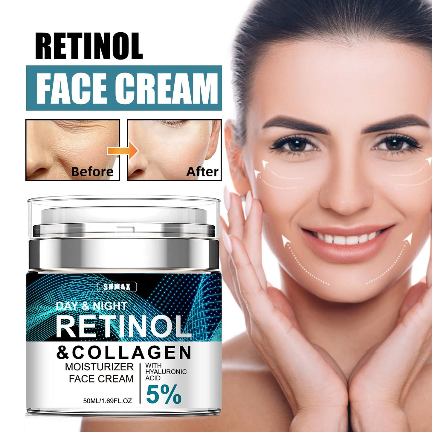 Advanced Retinol Collagen Cream for Face with 5% Hyaluronic Acid Anti-Aging Anti-Wrinkle Reduce Fine Lines Lifting and Firming For All Skin Types 1.7 fl.oz