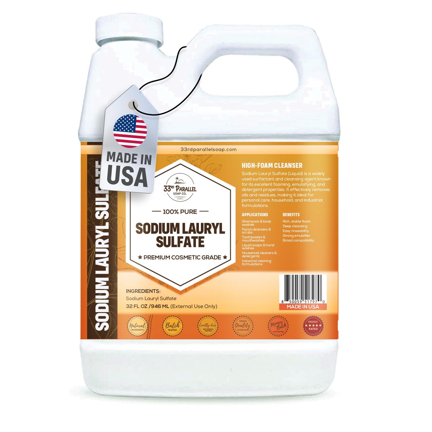 33RD PARALLEL SOAP CO. Sodium Lauryl Sulfate (SLS) Liquid (32oz) | Powerful Foaming Cleanser & Emulsifier for Shampoos, Body Wash, Soaps, Detergents & Household Cleaning Products | 32 OUNCES