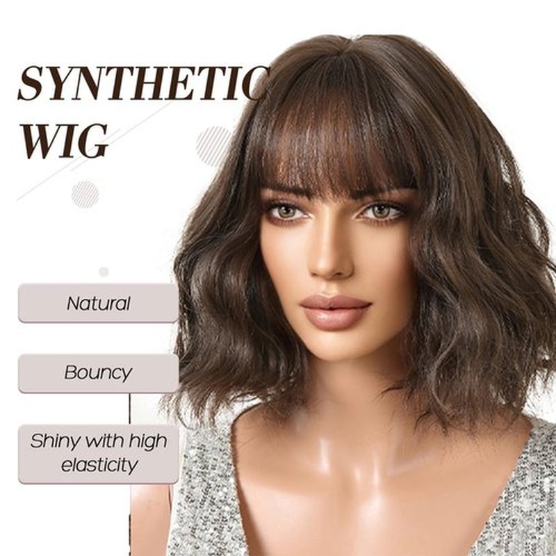 Allbell Brown Wigs for Women Short Wavy Bob Wig with Bangs for Women Synthetic Short Curly Wave Wigs Heat Resistant Fiber Hair Wigs for Daily