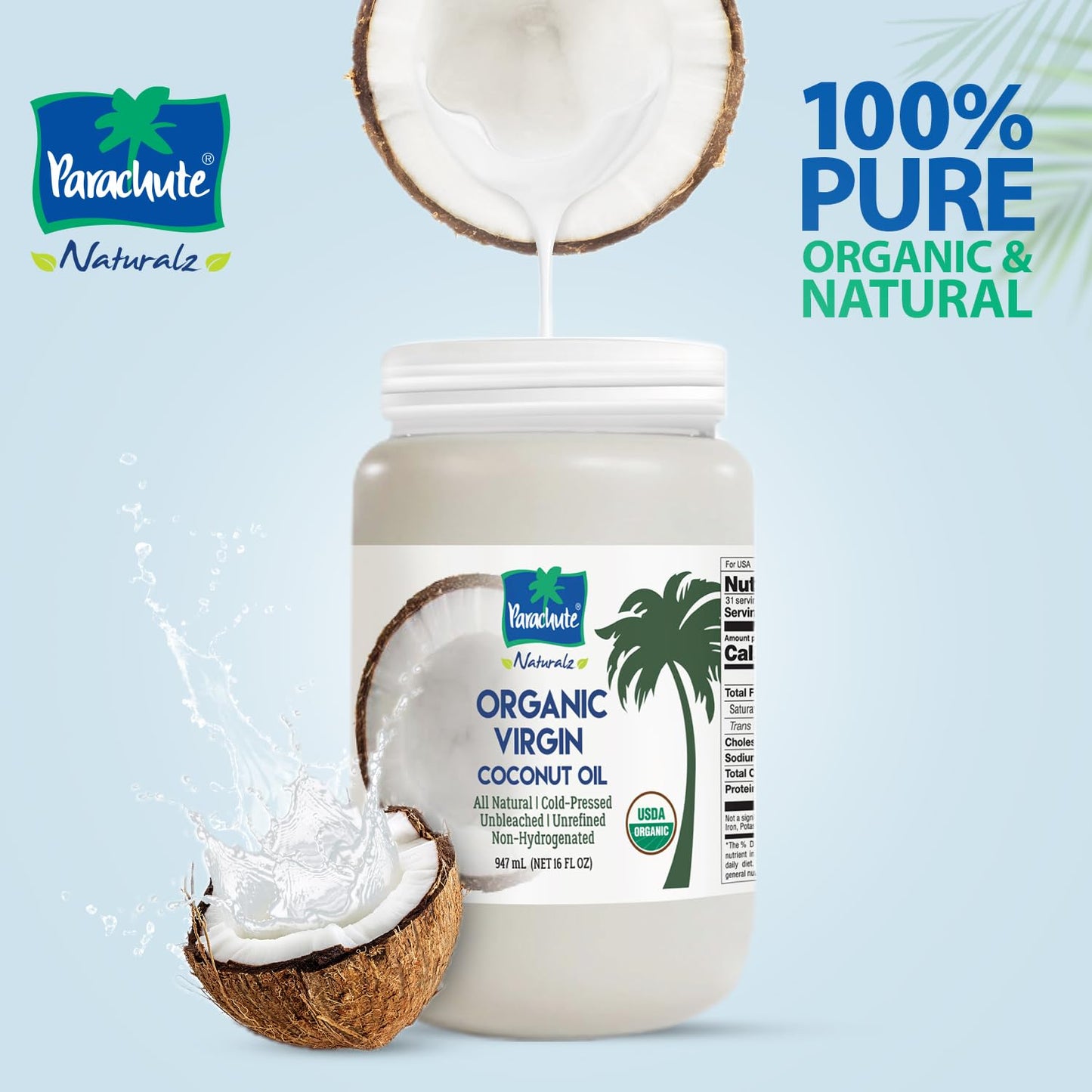 "Parachute Naturalz Organic Virgin Coconut Oil | Cooking Oil, Hair Oil, Body Oil & Oil Pulling | Cold Pressed | Unbleached | Unrefined | Non-Hydrogenated | MCT Oil | USDA Certified | 32 Fl. Oz | Plastic Jar"