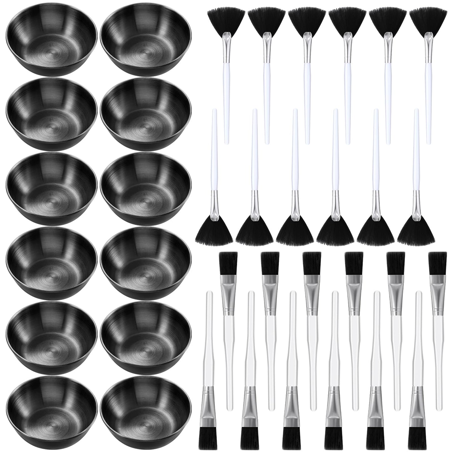 Teenyyou 36pcs Esthetician Supplies Kit, 12 Stainless Steel Gold Facial Mixing Esthetician Bowls & 12 Matching Facial Brushes & 12 Fan Brushes Bulk for Women Professional Spa(Black)
