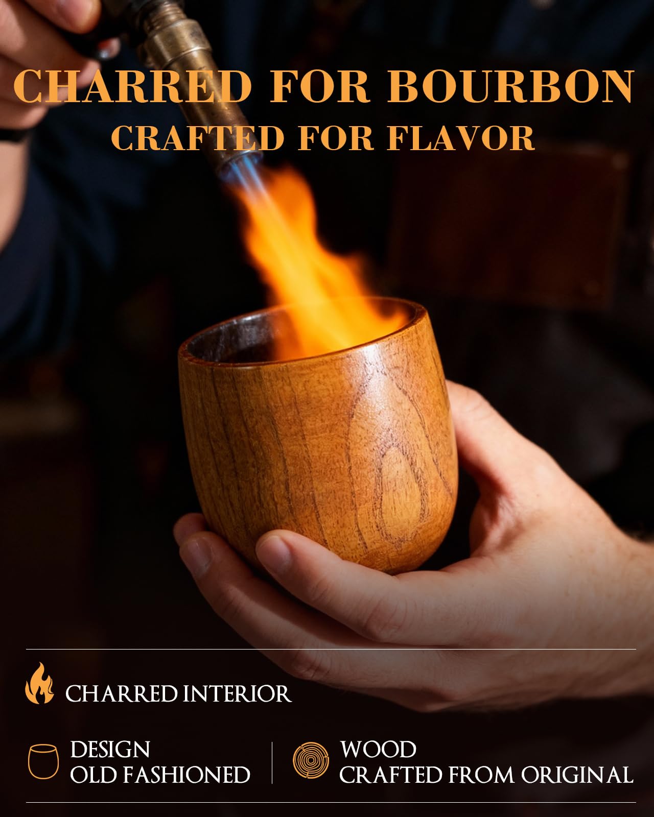 Coralogo Charred Wooden Bourbon Glass - Wooden Whiskey Drinking Glass Set, Charred Whiskey Cup Handcrafted Bourbon Gift for Men Dad Husband with Designed Gift Box, Birthday Retirement