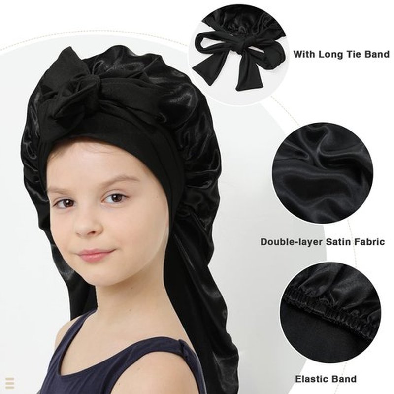 Kids Long Hair Bonnet for Sleeping - Double Layer Girls Elastic Satin Bonnet with Tie Band for Braid Curly Hair(Black)